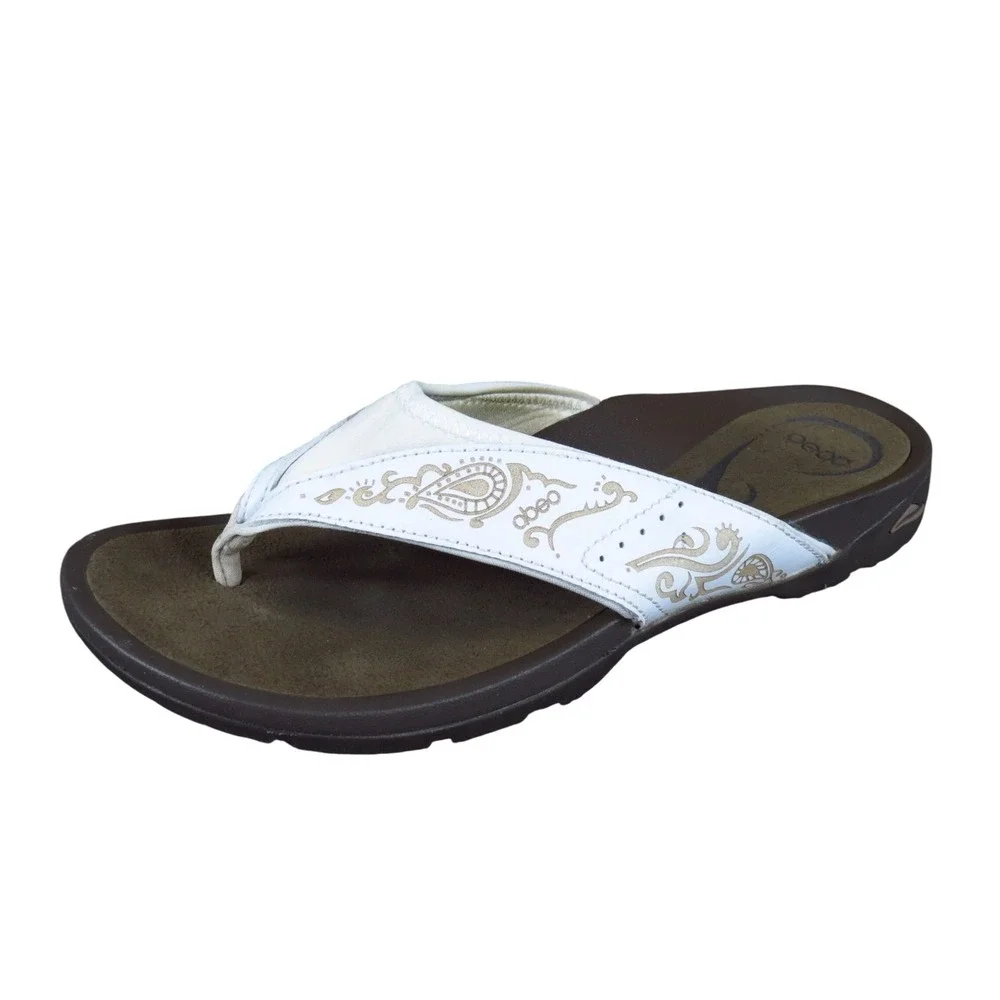 Abeo Balboa Women Thong Sandal 7.5N Walking White Leather Gold‎ Paisley